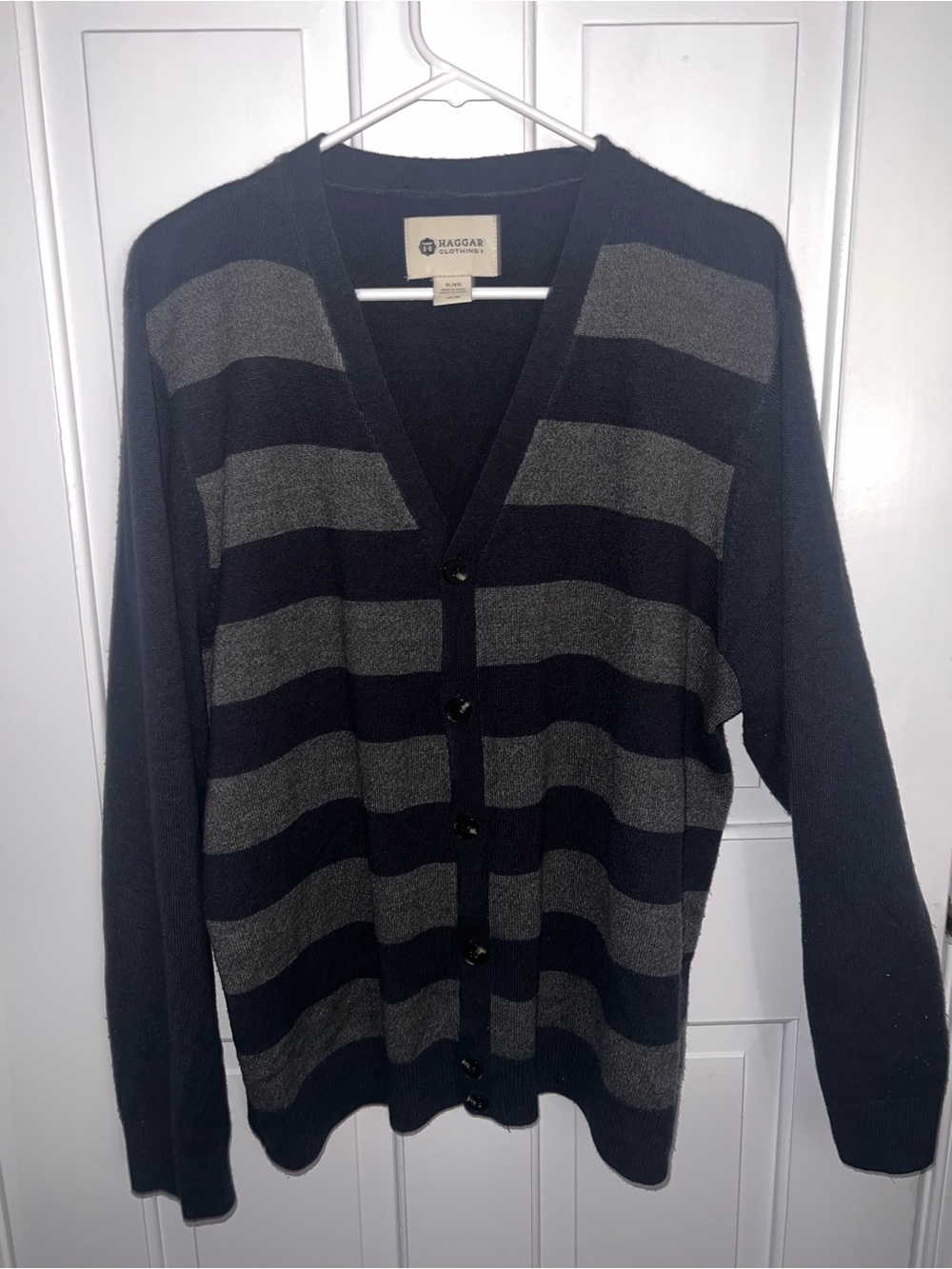 Haggar Men's Navy & Gray Striped V-Neck Button Cardigan